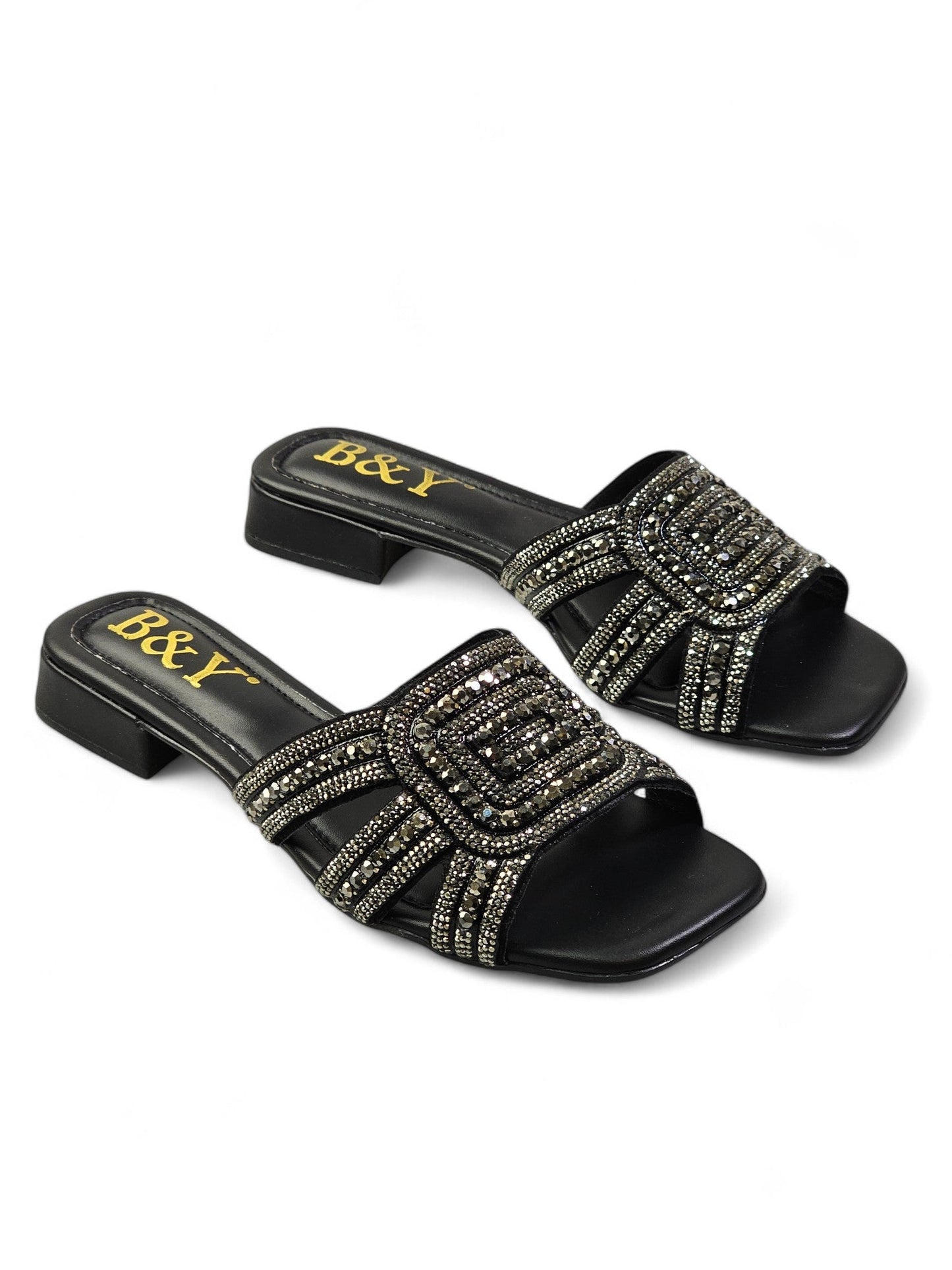 Elarin Black Low Heel Slip-on Sandal