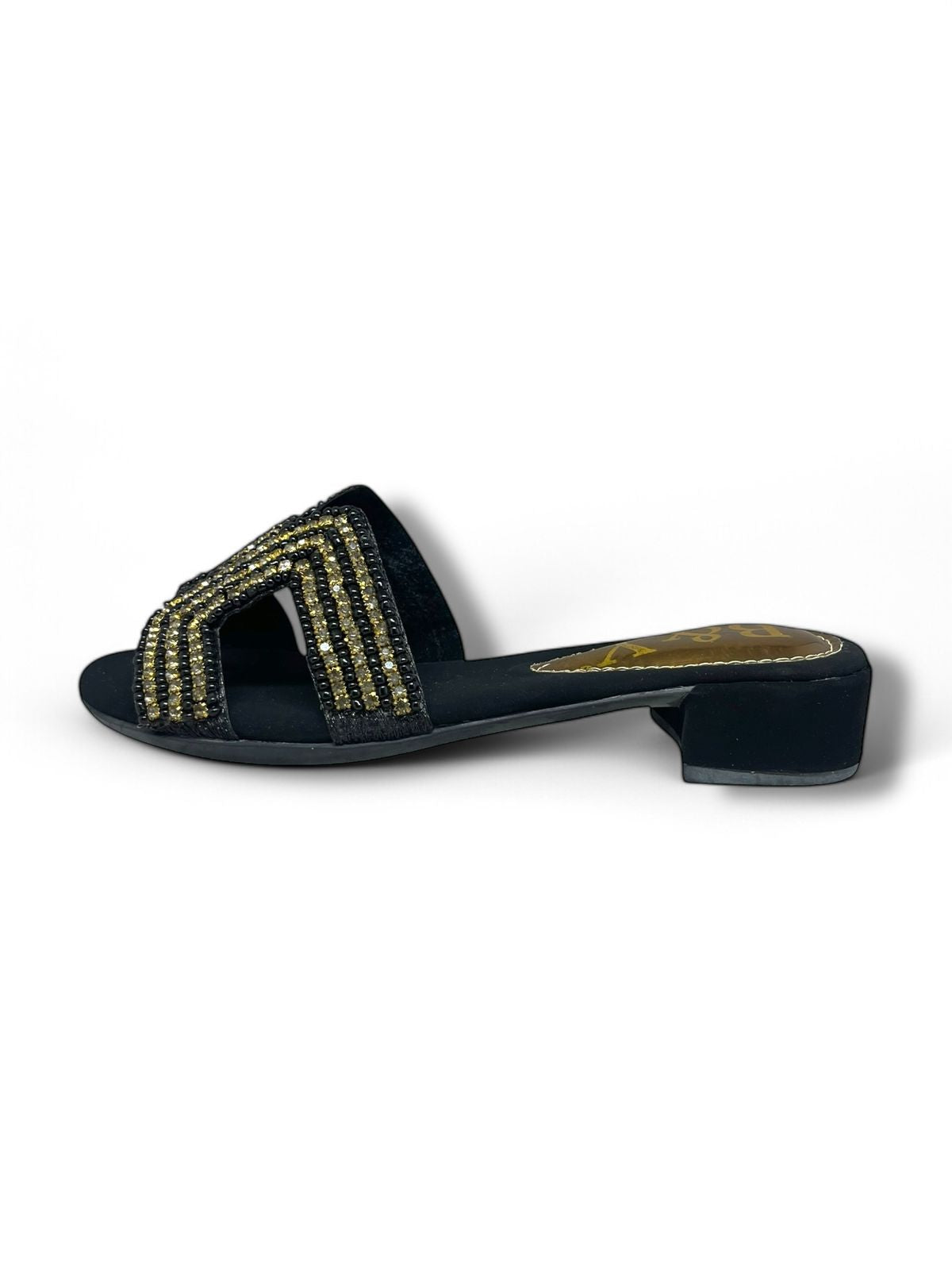 Shimmer Black Block Heel Slip-on Sandal