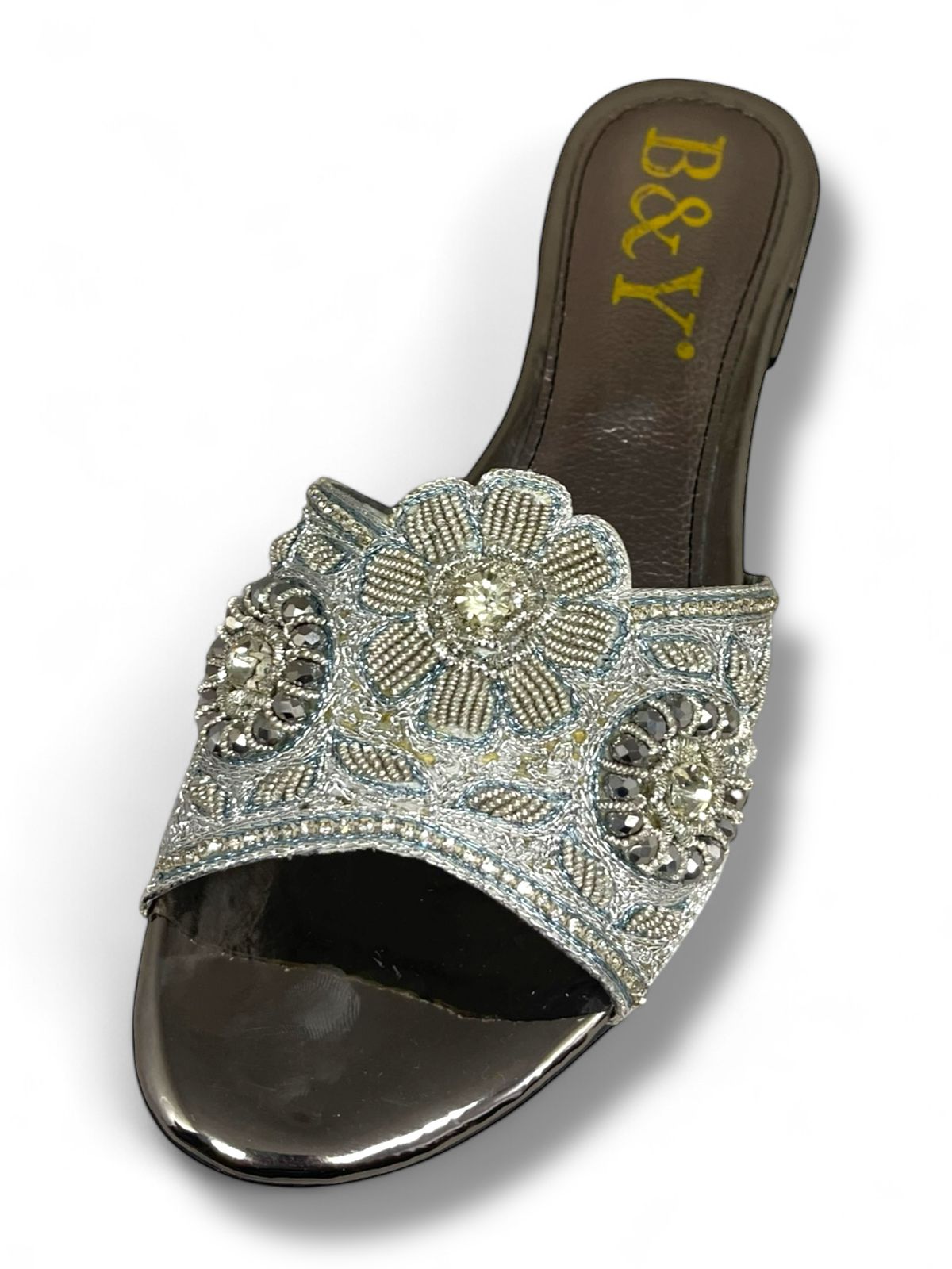 Snap Silver Block Heel Slip-on Sandal