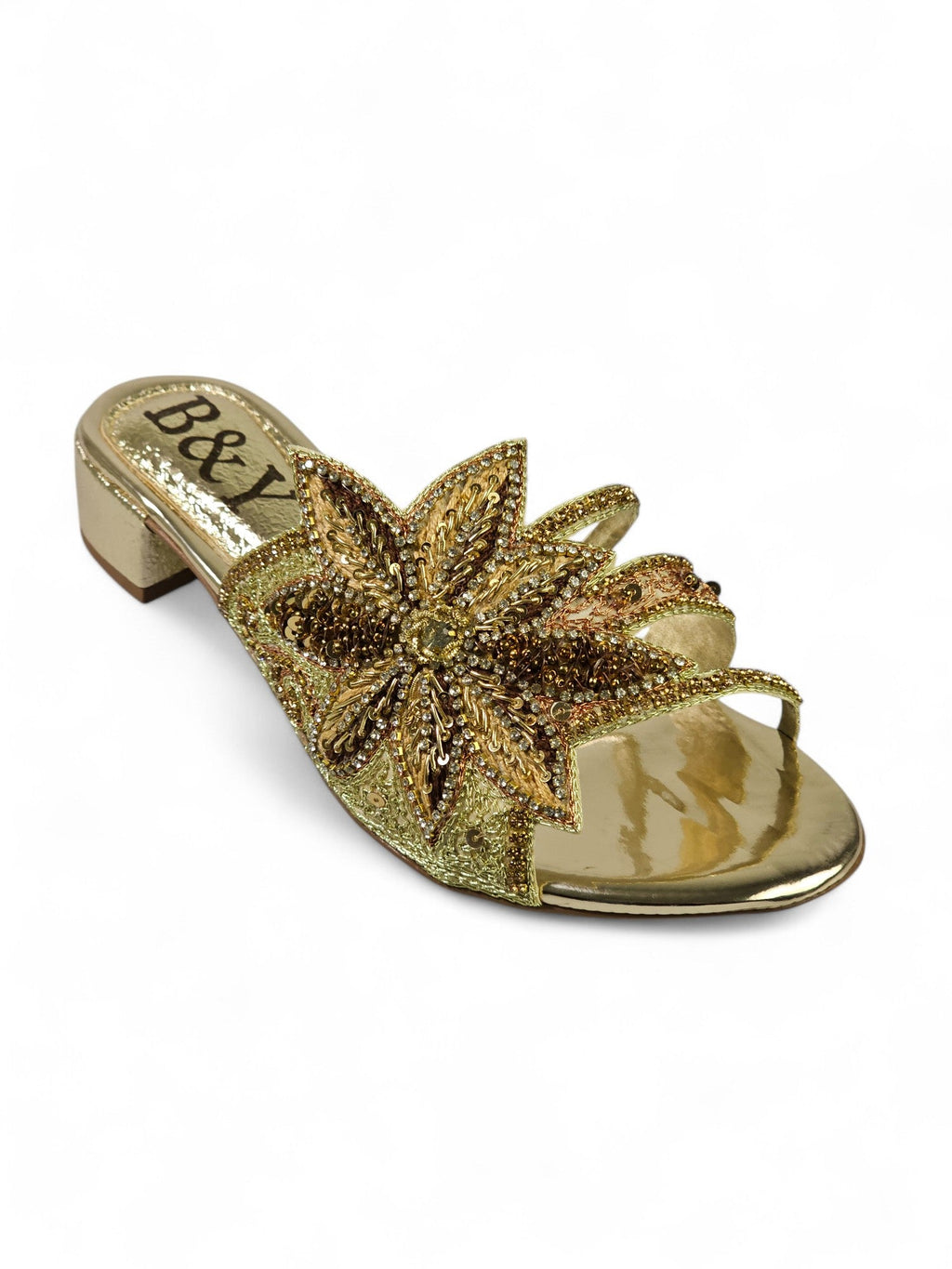 Ranova Golden Block Heel Slip On Sandal - Bilwani & Yakoob