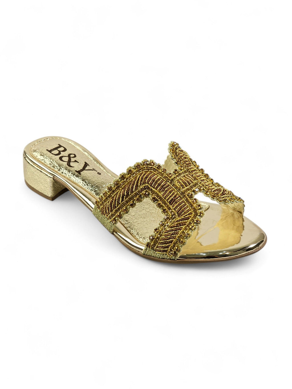 Slide Golden Block Heel Slip On Sandal