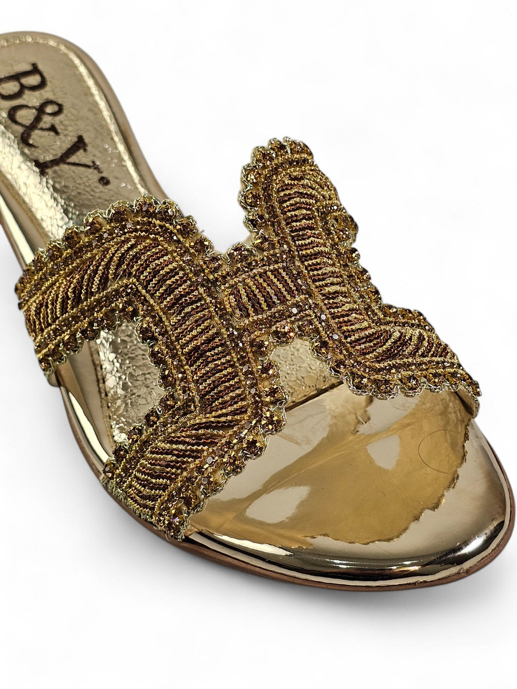 Slide Golden Block Heel Slip On Sandal