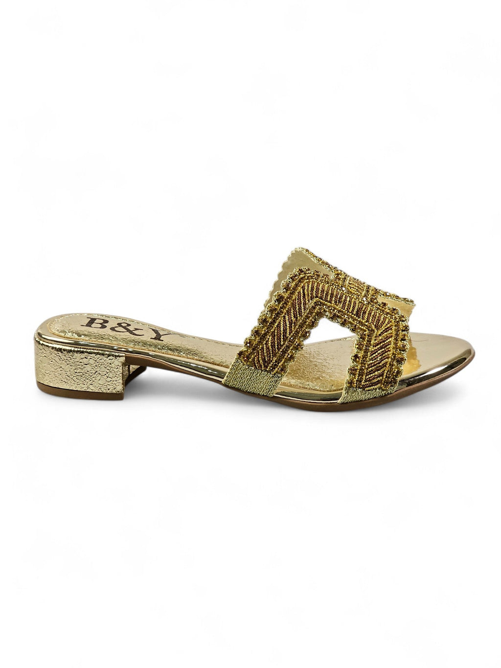 Slide Golden Block Heel Slip On Sandal