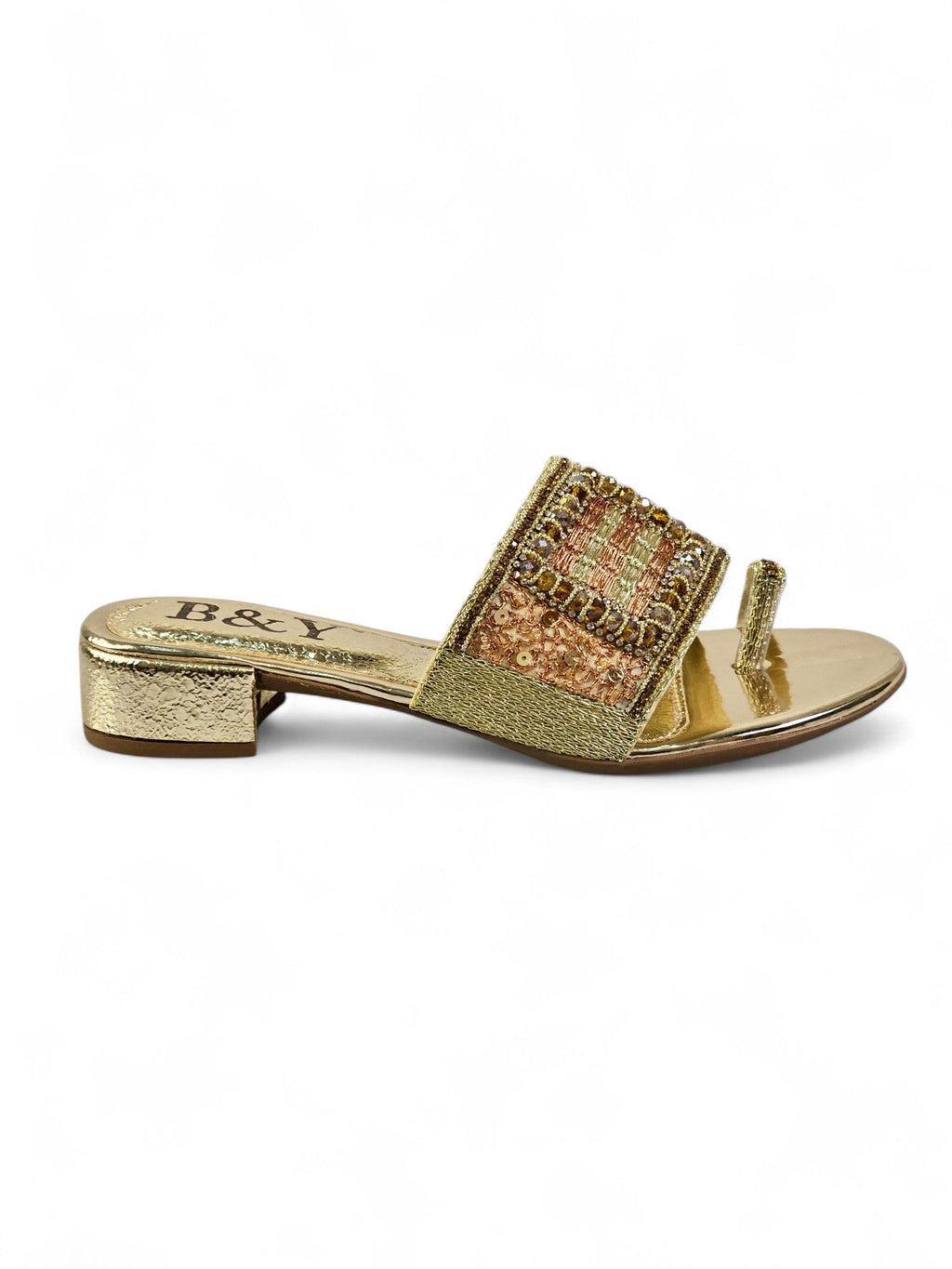 Bespoke Golden Block Heel Slip On Sandal - Bilwani & Yakoob