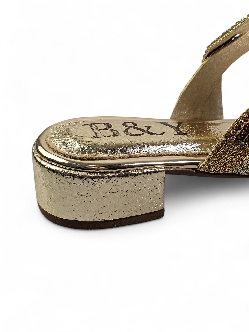 Beat Golden Block Heel Slip On Sandal - Bilwani & Yakoob