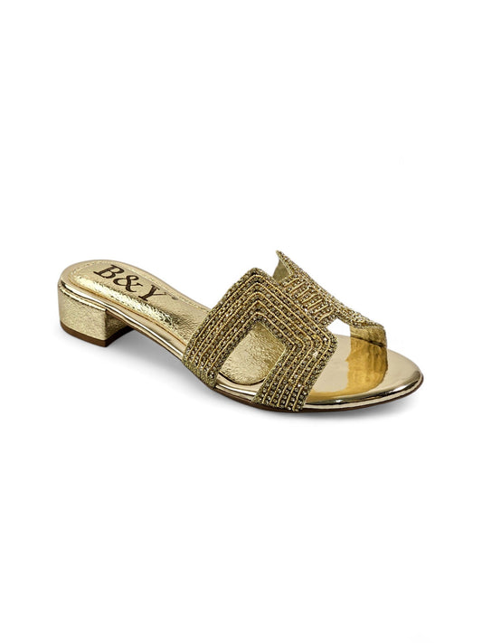 Sparkle Golden Block Heel Slip-on Sandal