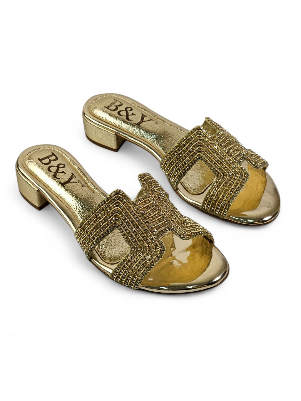 Sparkle Golden Block Heel Slip On Sandal