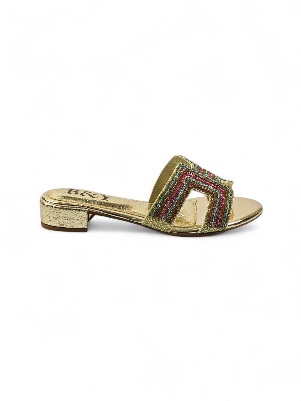 Sparkle Golden Block Heel Slip On Sandals