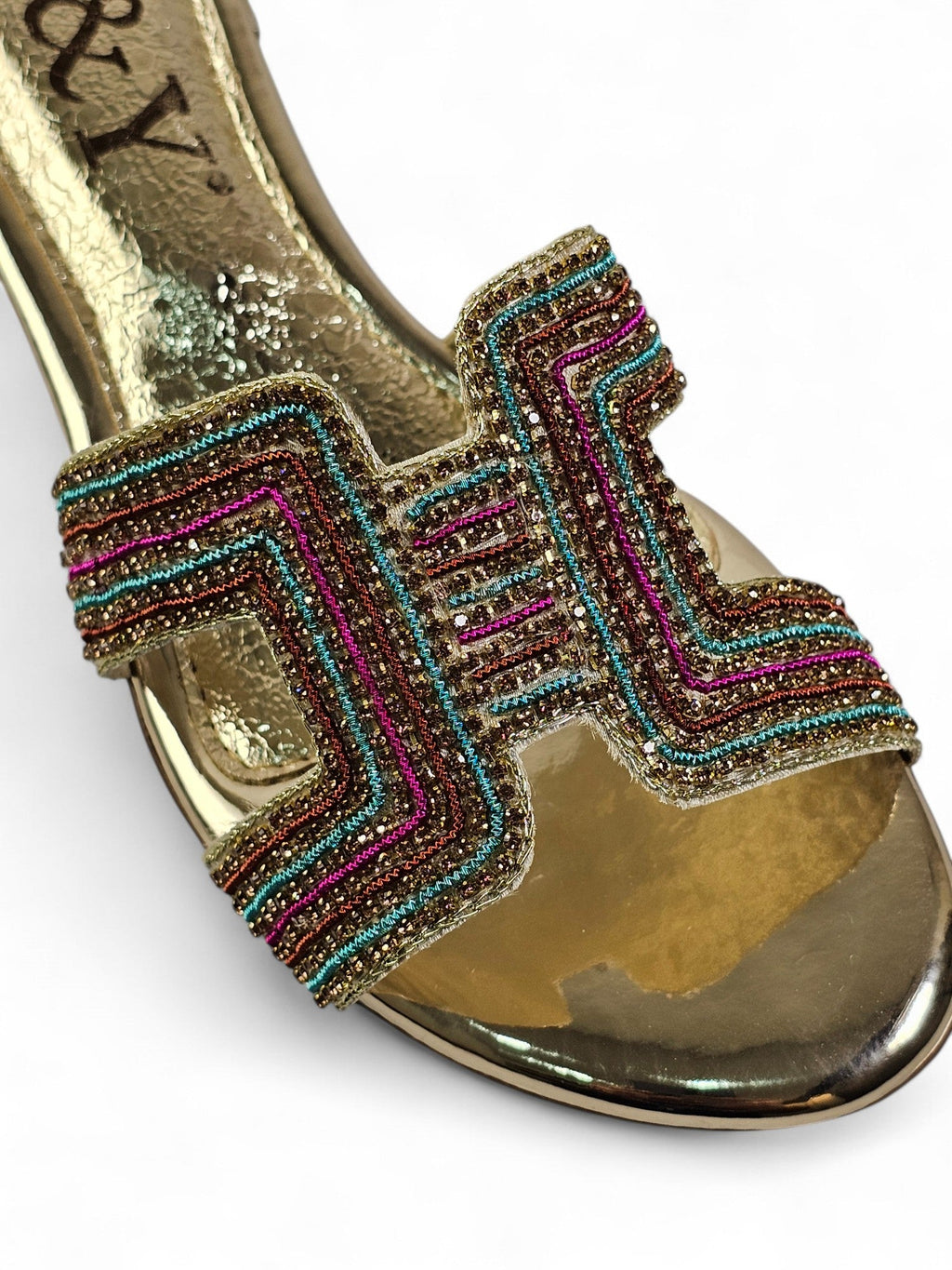 Sparkle Golden Block Heel Slip On Sandals