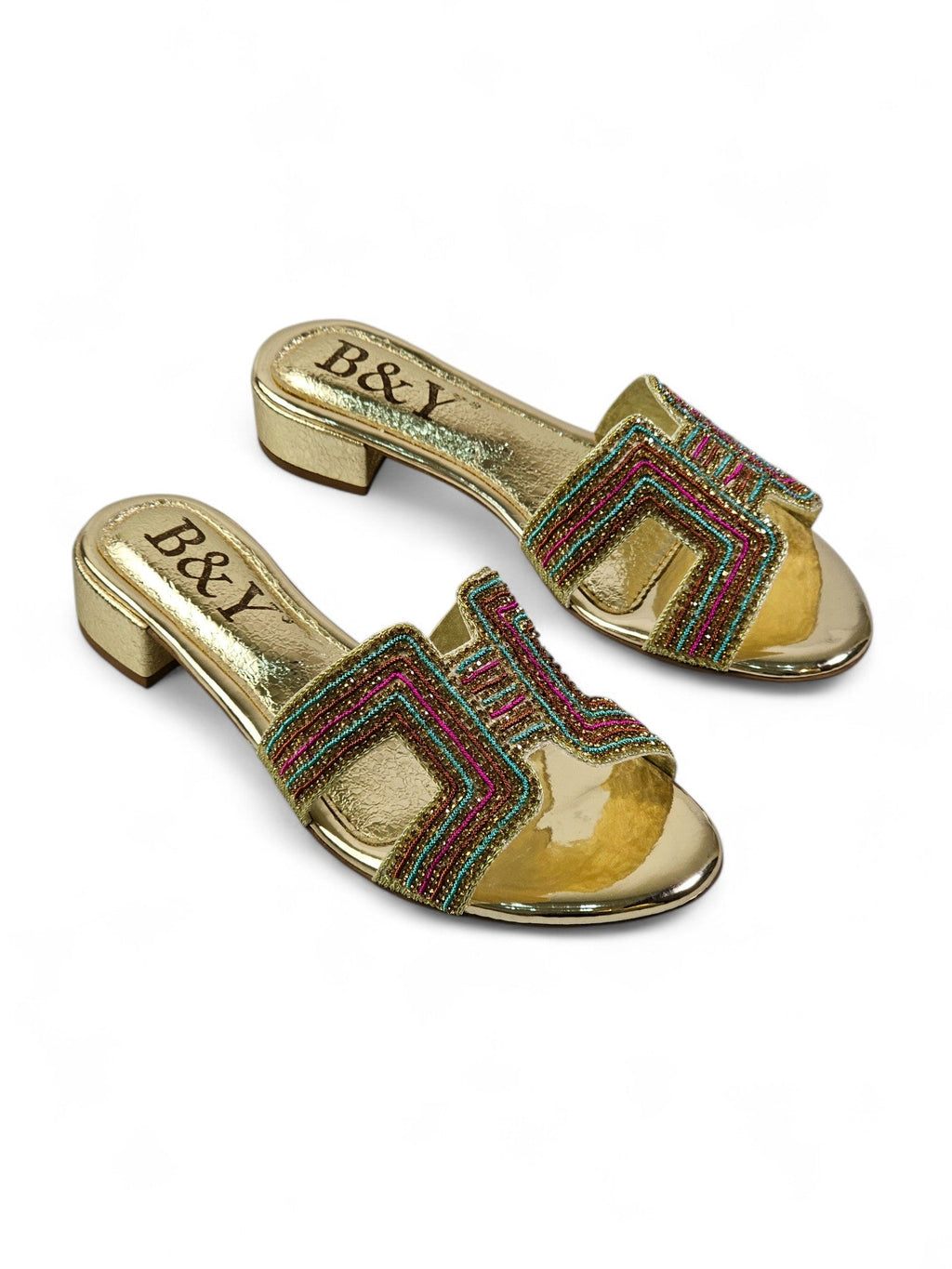 Sparkle Golden Block Heel Slip On Sandals