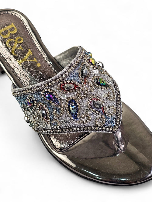 Aura Silver Block Heel Flip Flop - Bilwani & Yakoob