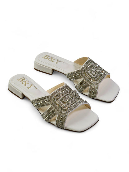 Elarin White Low Heel Slip-on Sandal