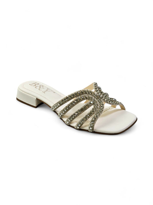 Velour White Low Heel Slip-on Sandal