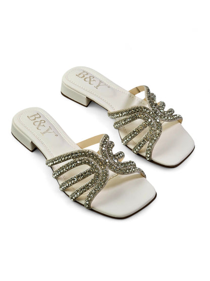 Velour White Low Heel Slip-on Sandal