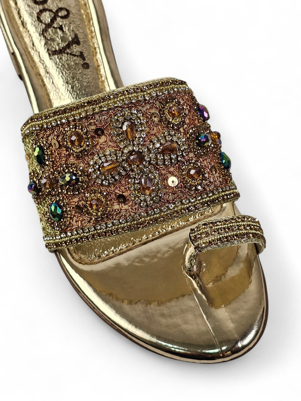 Wisp Golden Block Heel Slip On Sandal