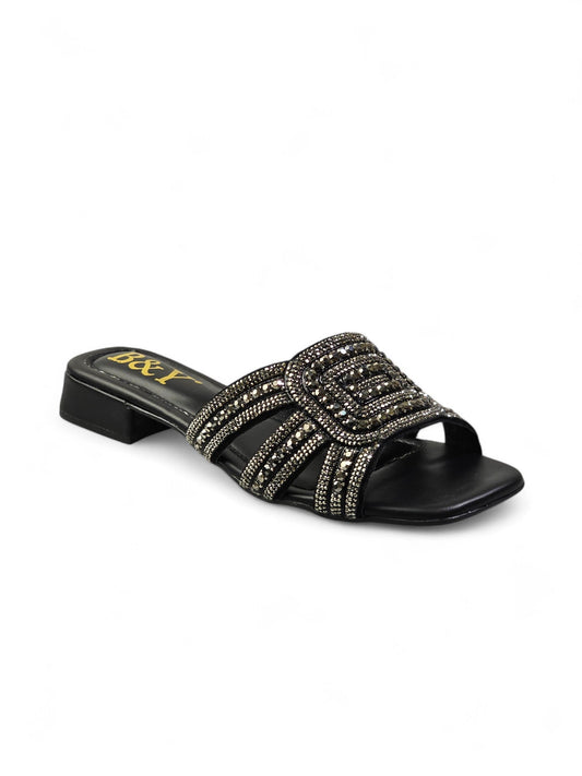 Elarin Black Low Heel Slip-on Sandal