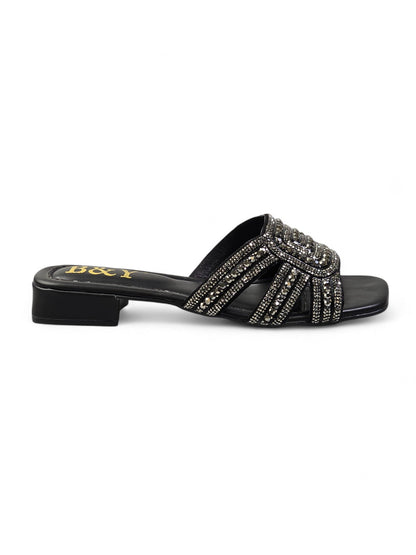 Elarin Black Low Heel Slip-on Sandal