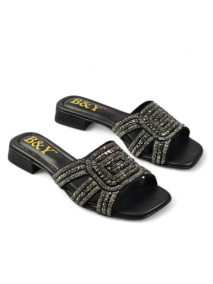 Elarin Black Low Heel Slip-on Sandal