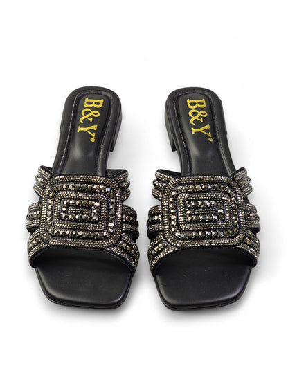 Elarin Black Low Heel Slip-on Sandal