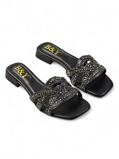Moniva Black Low Heel Slip-on Sandal