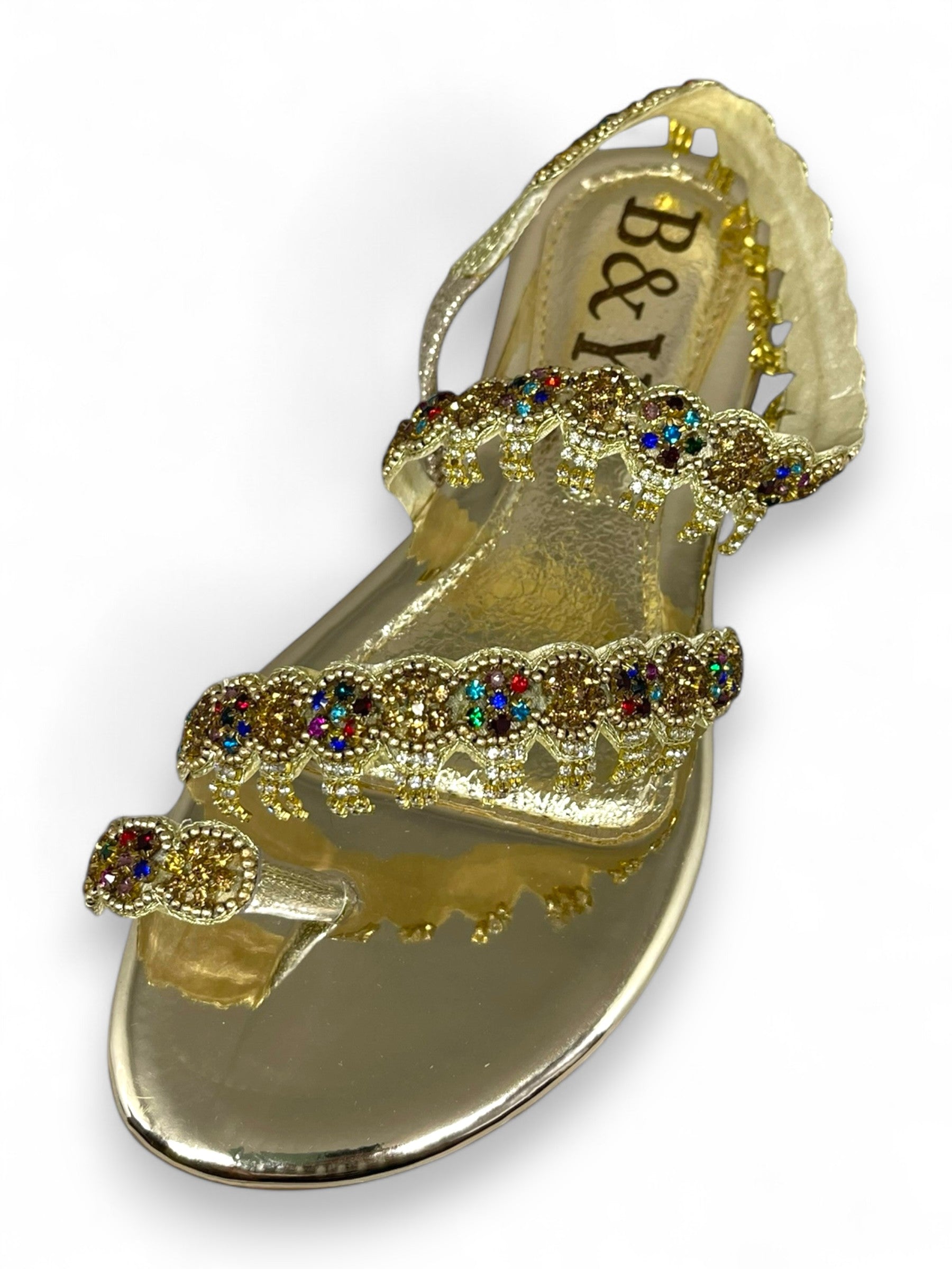 B&Y  Golden Embellished Handmade Sandal for Women. Single pair front. White Background