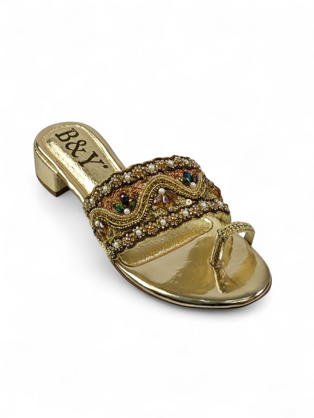 Liorae Golden Block Heel Slip On Sandal - Bilwani & Yakoob