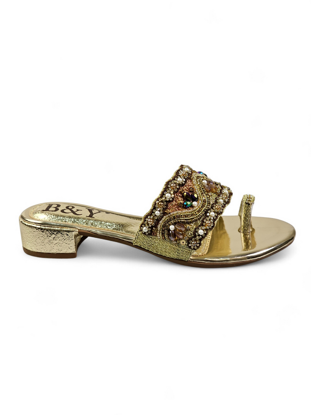 Liorae Golden Block Heel Slip On Sandal - Bilwani & Yakoob