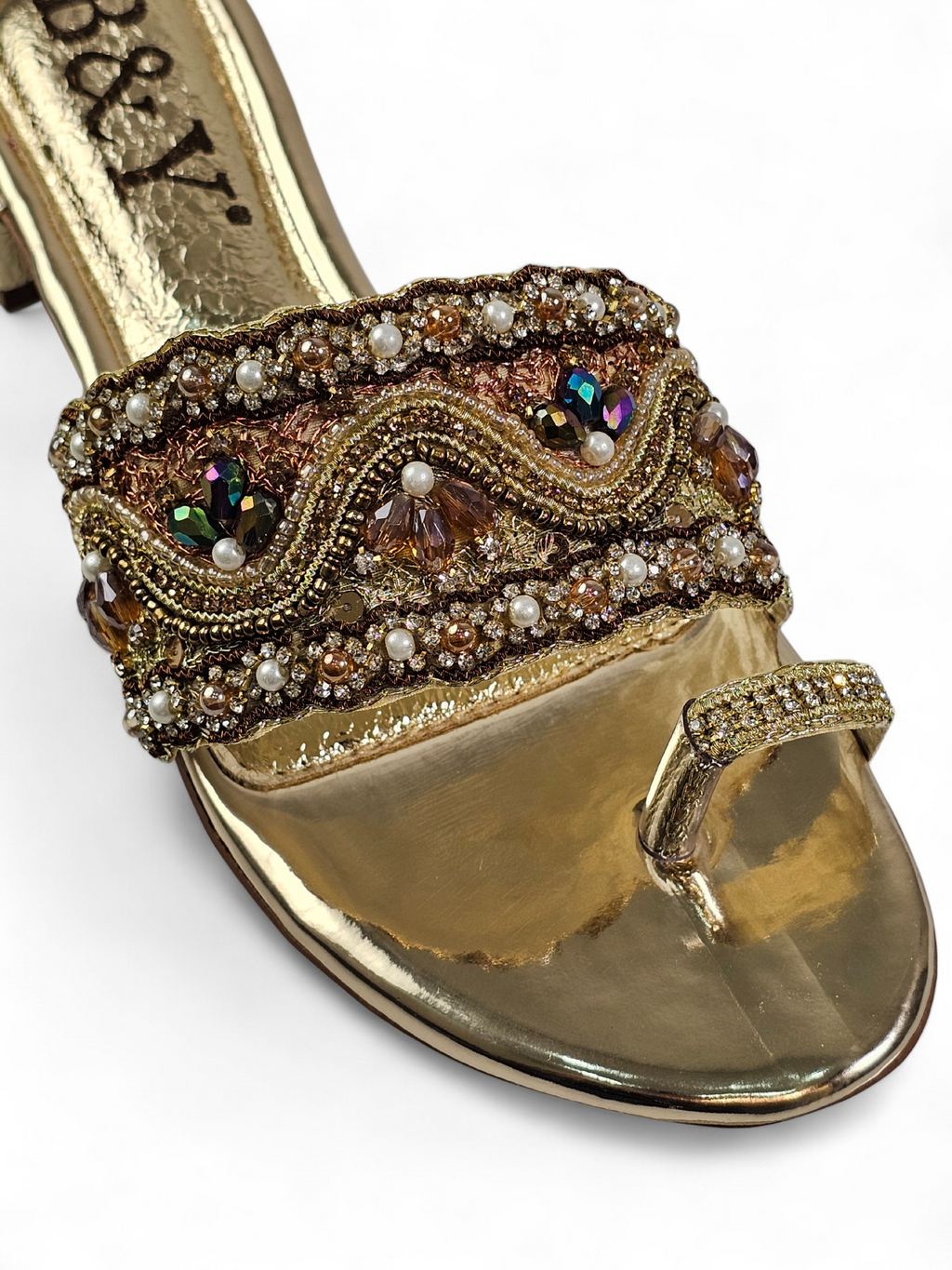 Liorae Golden Block Heel Slip On Sandal - Bilwani & Yakoob