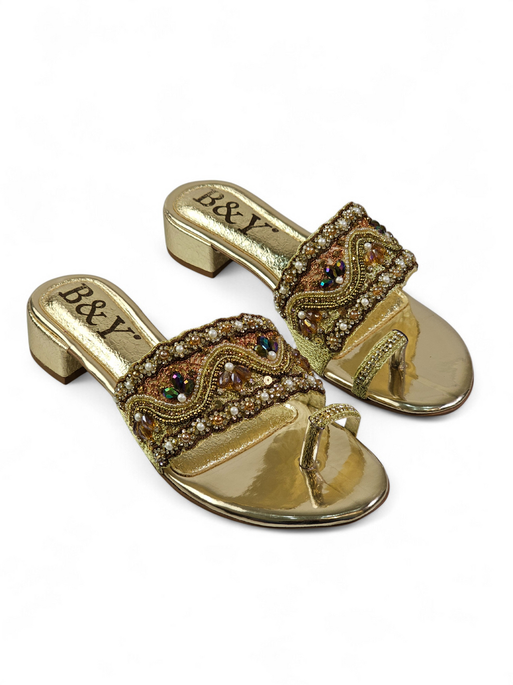 Liorae Golden Block Heel Slip On Sandal - Bilwani & Yakoob