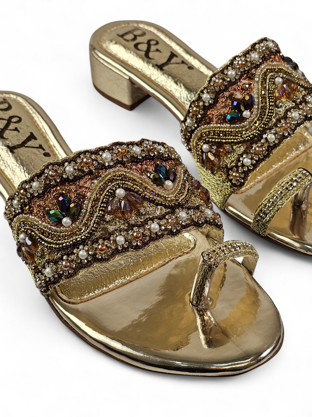 Liorae Golden Block Heel Slip On Sandal - Bilwani & Yakoob