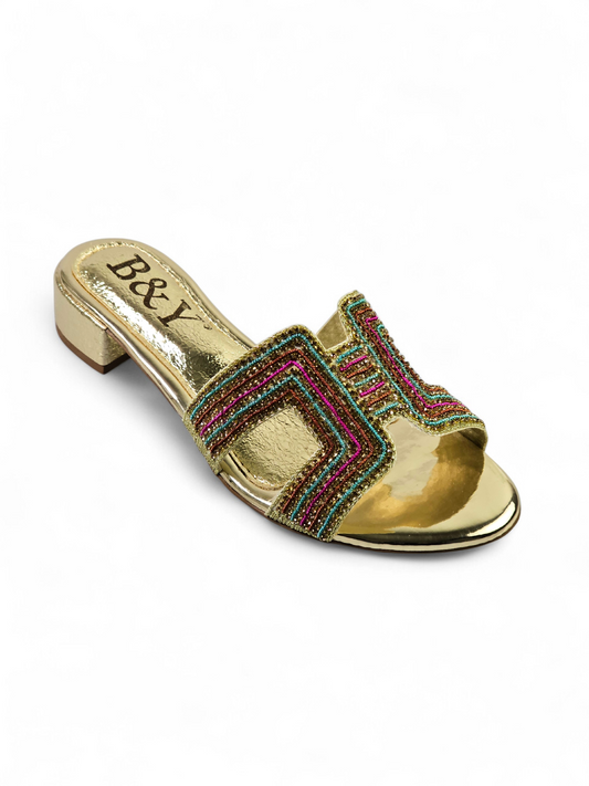 Sparkle Golden Block Heel Slip-on Sandal