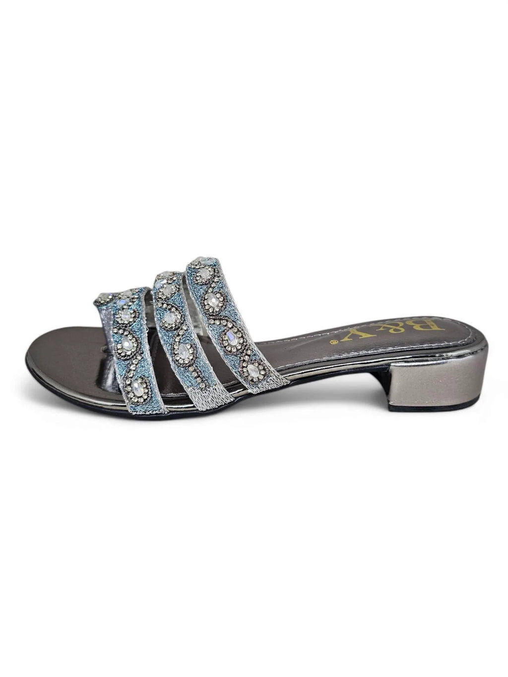 Marqine Silver Block Heel Slip On Sandal - Bilwani & Yakoob