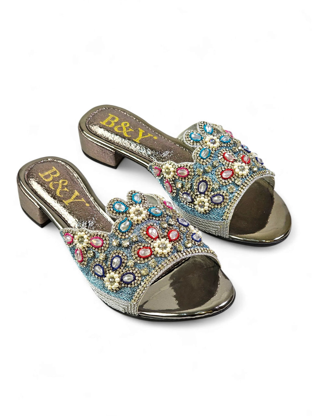 Eloura Silver Block Heel Slip On Sandal