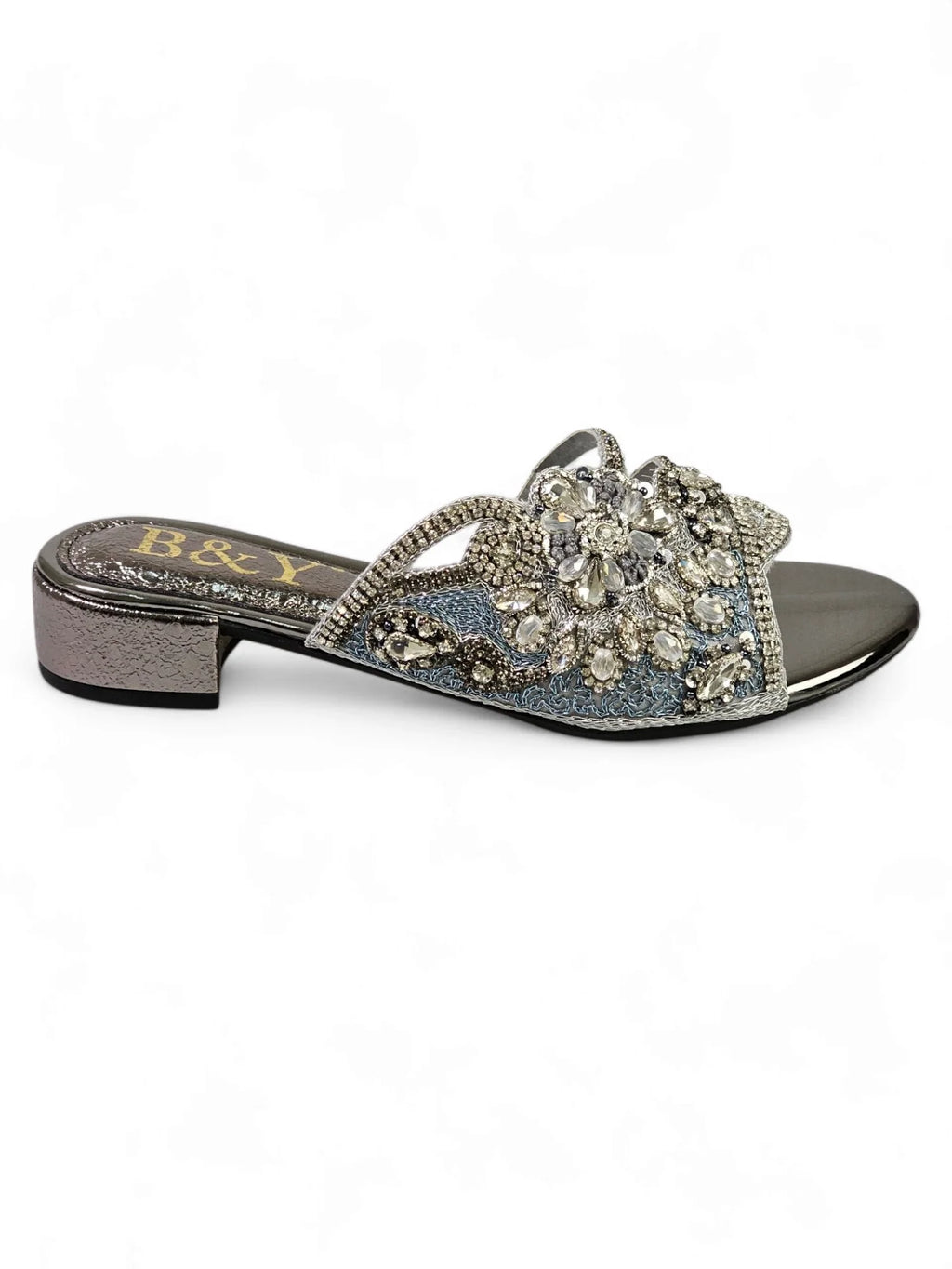 Velique Silver Block Heel Slip On Sandal