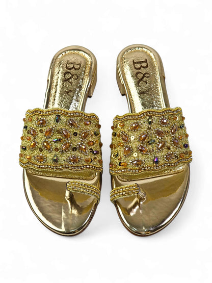 Mirona Golden Block Heel Slip-on Sandal