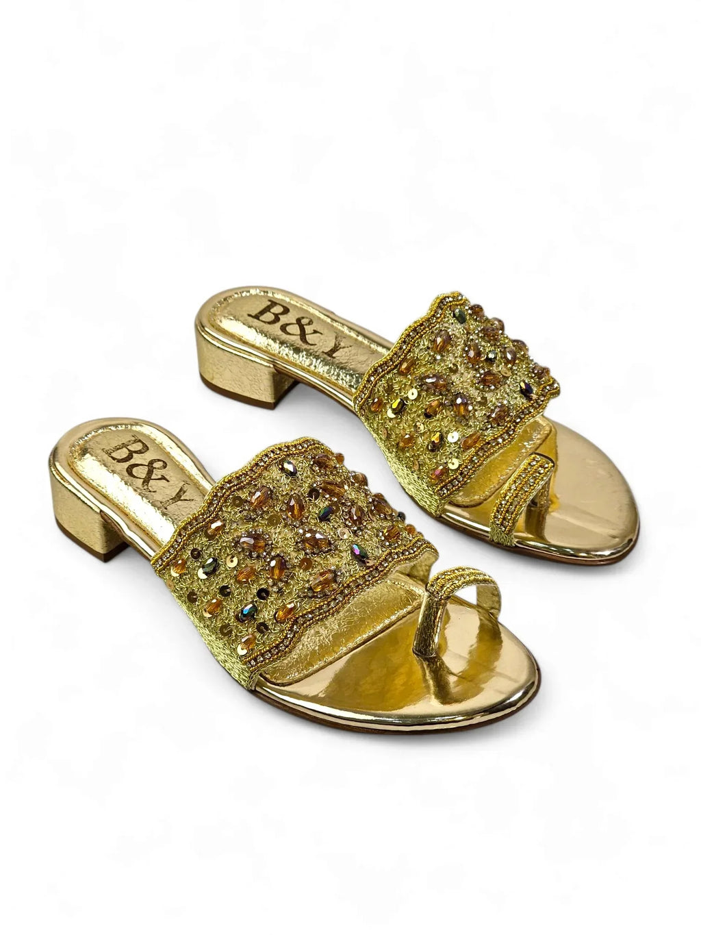 Mirona Golden Block Heel Slip On Sandal 1 - Bilwani & Yakoob