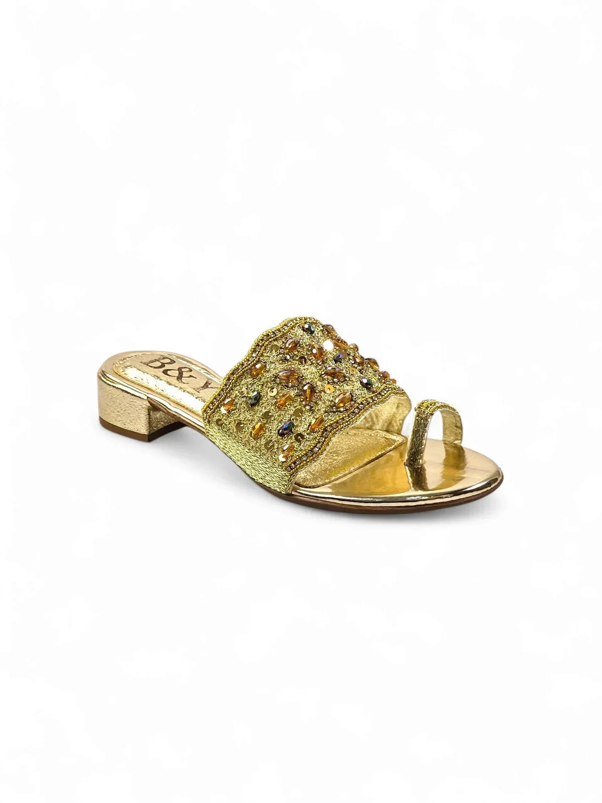 Mirona Golden Block Heel Slip On Sandal 1 - Bilwani & Yakoob