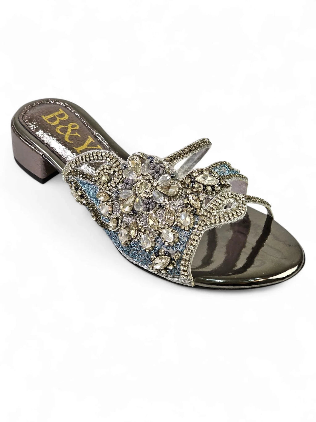 Velique Silver Block Heel Slip On Sandal