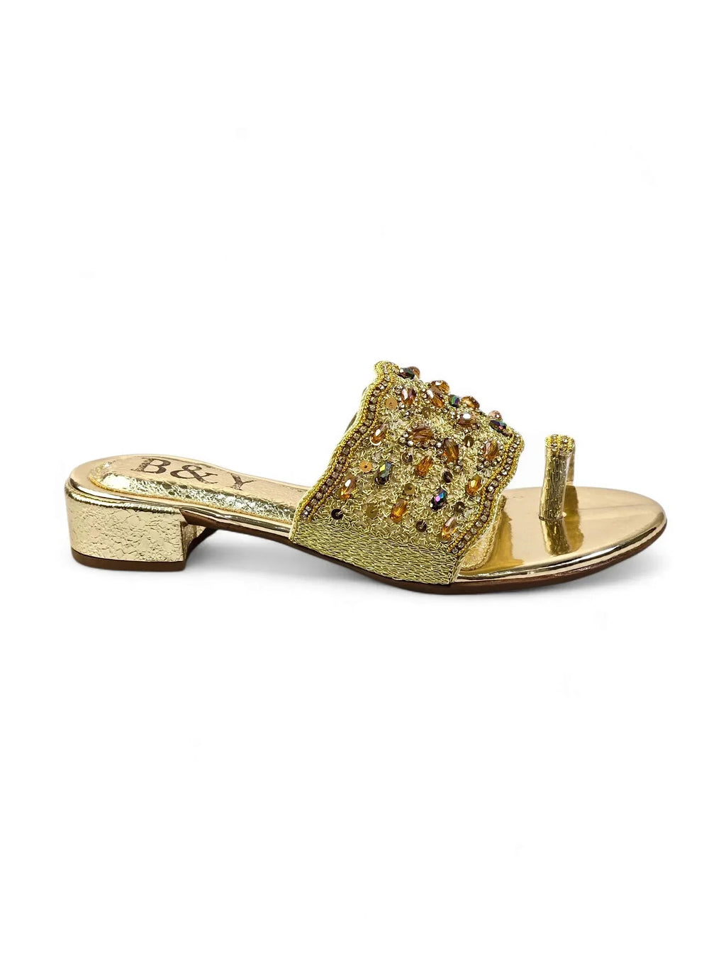 Mirona Golden Block Heel Slip On Sandal 1 - Bilwani & Yakoob