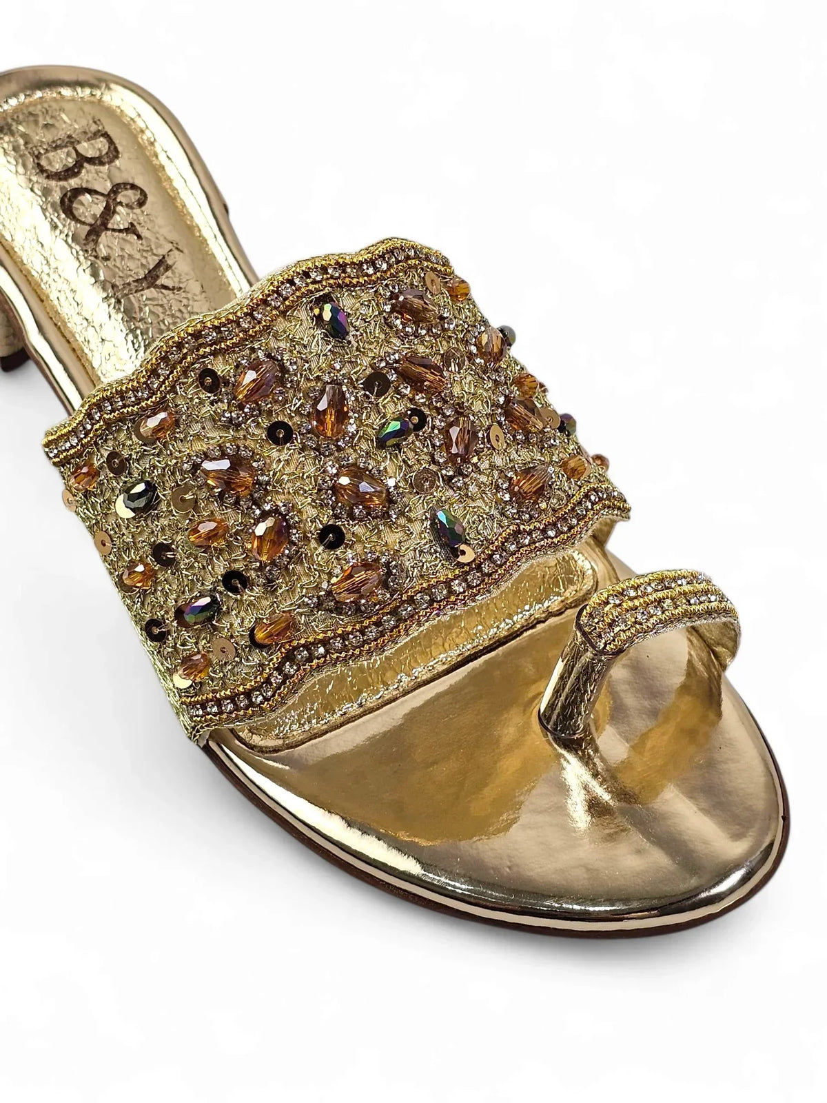 Mirona Golden Block Heel Slip On Sandal 1 - Bilwani & Yakoob