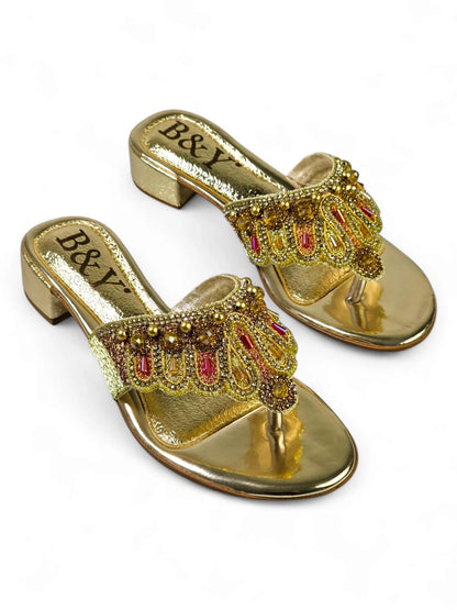 Zaffra Golden Block Heel Flip-Flop