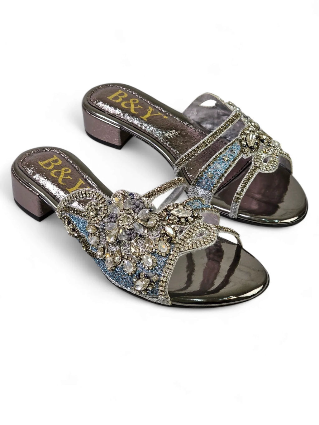 Velique Silver Block Heel Slip On Sandal