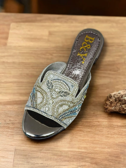 Ovidia Silver Block Heel Slip-on Sandal