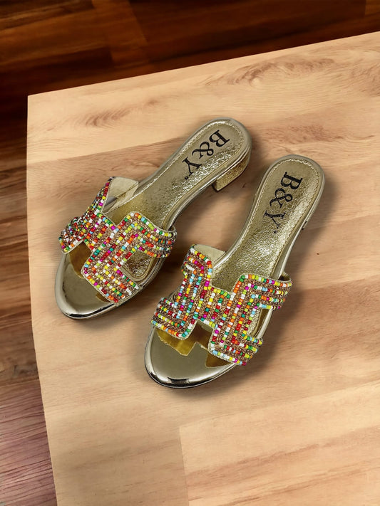 Shimmer Golden Block Heel Slip-on Sandal