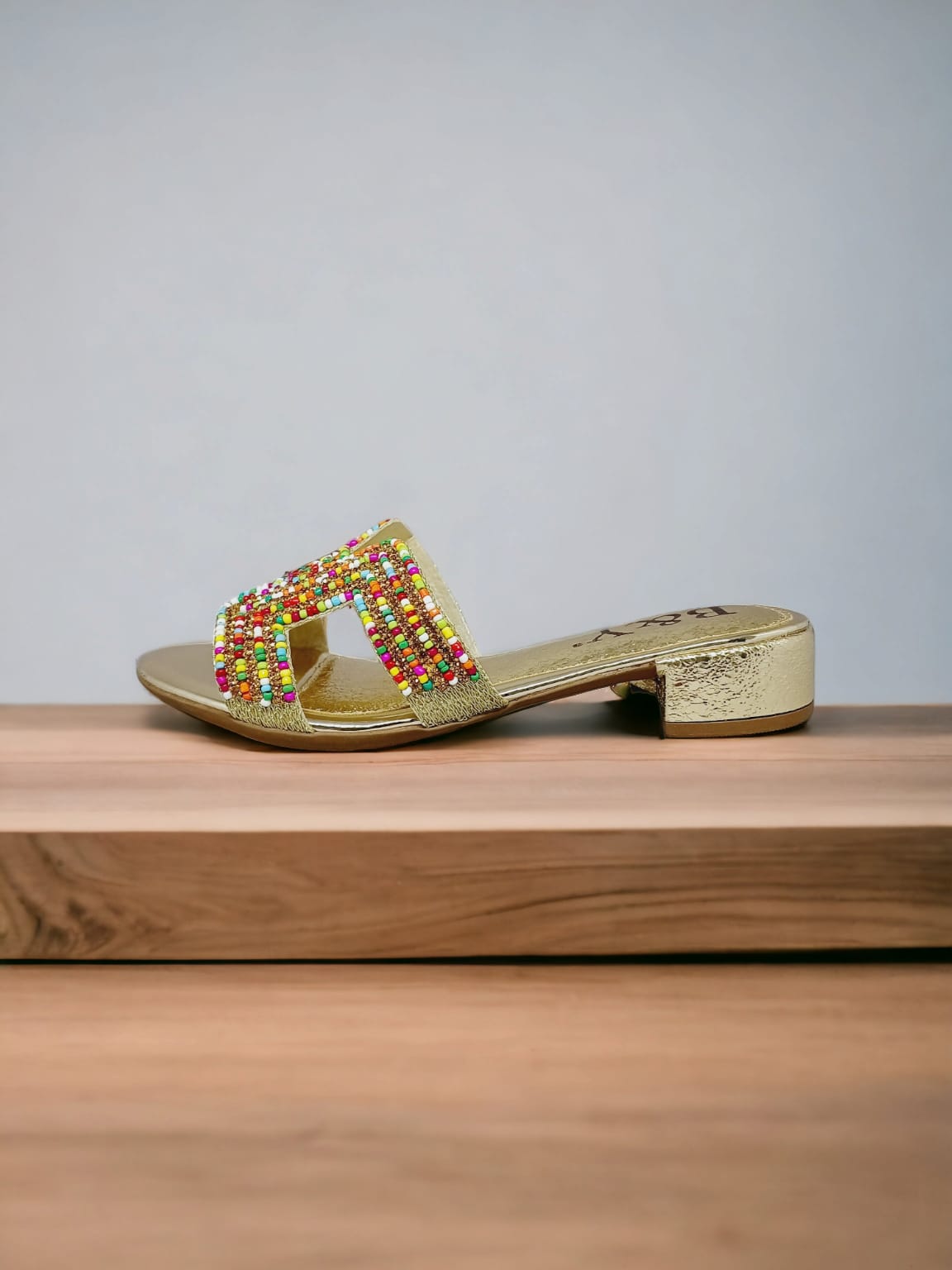 Shimmer Golden Block Heel Slip-on Sandal