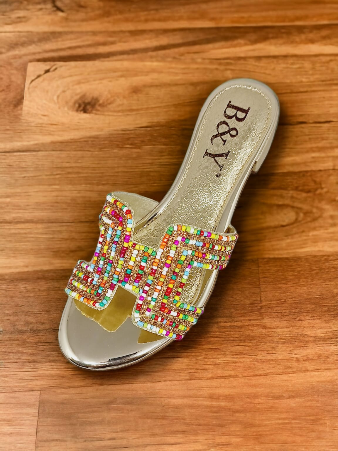 Shimmer Golden Block Heel Slip-on Sandal