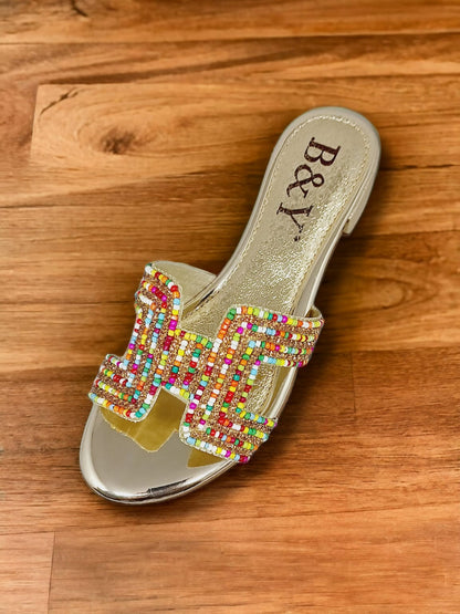 Shimmer Golden Block Heel Slip-on Sandal