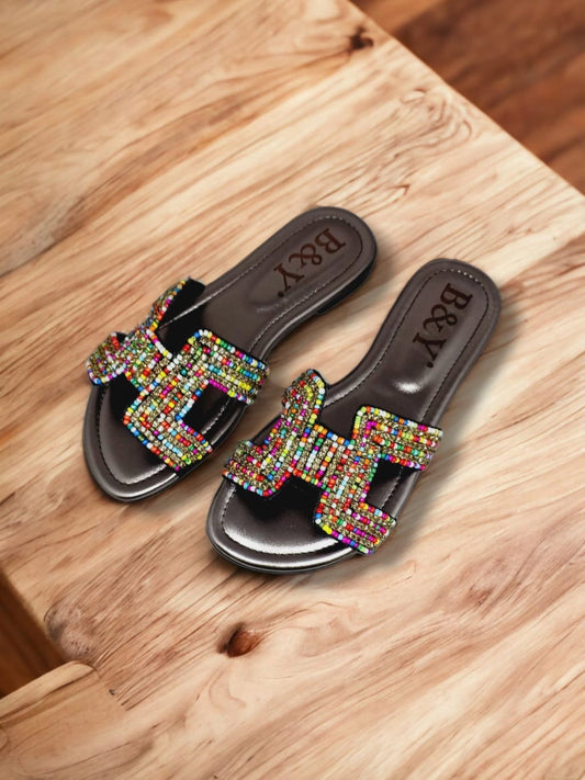 Shimmer Black Flat Slip-on Sandal