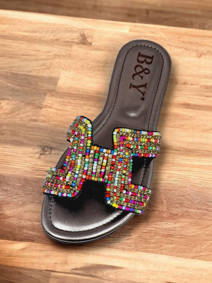 Shimmer Black Flat Slip-on Sandal