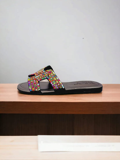 Shimmer Black Flat Slip-on Sandal